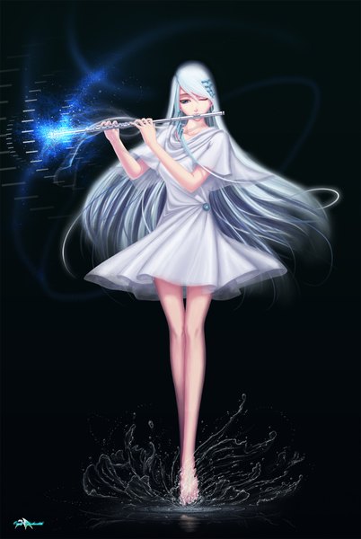 Anime picture 1340x2000 with original darkmuleth single long hair tall image blue eyes white hair one eye closed barefoot wink magic dark background girl dress hair ornament musical instrument flute