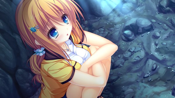 Anime picture 1920x1080 with kujiragami no tearstilla kamitouno ena mikagami mamizu single long hair blush highres open mouth blue eyes blonde hair wide image sitting looking away game cg girl hair ornament