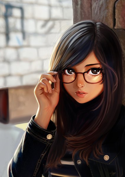 Anime picture 2500x3549 with original lemon cat single long hair tall image looking at viewer highres black hair brown eyes upper body blurry realistic mole mole under eye adjusting glasses girl glasses