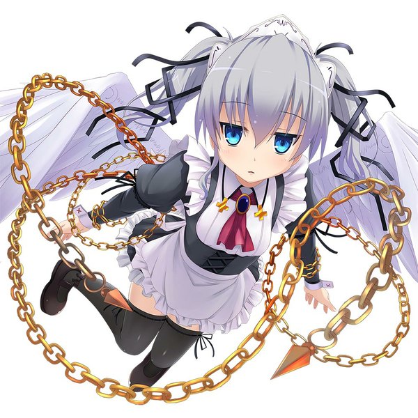 Anime picture 1000x1000 with original kazumasa single long hair looking at viewer blue eyes simple background white background twintails grey hair girl thighhighs dress ribbon (ribbons) black thighhighs hair ribbon chain