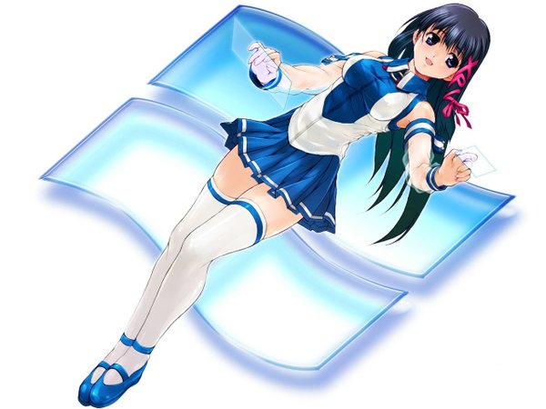 Anime picture 1280x960 with os-tan xp-tan (saseko) long hair blue eyes blue hair wallpaper legs thighs skirt detached sleeves