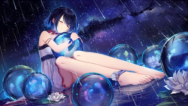 Anime picture 8192x4616 with benghuai xueyuan honkai (series) seele vollerei moxi mo xi single blush fringe highres short hair breasts light erotic black hair wide image sitting absurdres sky bent knee (knees) ass eyes closed head tilt