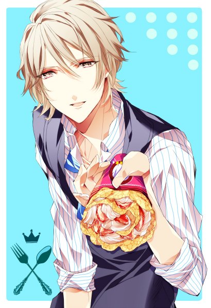 Anime picture 820x1200 with tokimeki restaurant otawa shinnosuke kazenagi hikari single tall image looking at viewer short hair simple background blonde hair brown eyes parted lips outstretched arm blue background striped open collar framed twisty sleeves boy shirt food