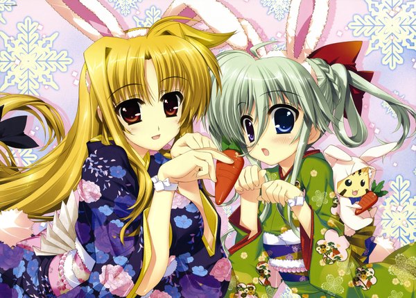 Anime picture 8467x6066 with mahou shoujo lyrical nanoha mahou shoujo lyrical nanoha strikers fate testarossa einhart stratos long hair highres blue eyes blonde hair red eyes multiple girls animal ears absurdres japanese clothes green hair grey hair bunny ears girl 2 girls kimono vegetables