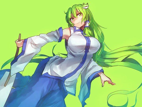 Anime picture 1600x1200 with touhou kochiya sanae temmasa22 single simple background smile green eyes looking away very long hair traditional clothes japanese clothes green hair from below green background girl hair ornament detached sleeves hairclip hair tubes