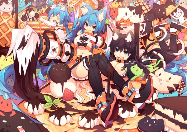Anime picture 1500x1061 with original mamuru long hair breasts open mouth blue eyes light erotic twintails multiple girls animal ears ass cat ears cat girl multicolored girl thighhighs black thighhighs animal food shoes