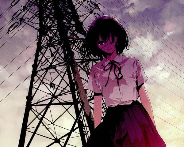 Anime picture 1280x1024 with another p.a. works misaki mei single short hair red eyes sky purple hair cloud (clouds) scan hieroglyph girl uniform school uniform eyepatch power lines