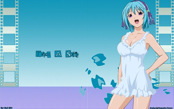 Anime picture 1920x1200 with rosario+vampire kurono kurumu single highres short hair breasts open mouth light erotic wide image large breasts purple eyes blue hair girl pajamas