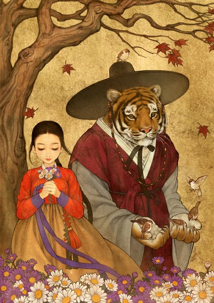Anime picture 620x877 with beauty and the beast disney belle (beauty and the beast) obsidian (wooh nayoung) obsidian long hair tall image brown hair braid (braids) eyes closed traditional clothes light smile single braid looking down bird on hand korean clothes girl flower (flowers) ribbon (ribbons) plant (plants)