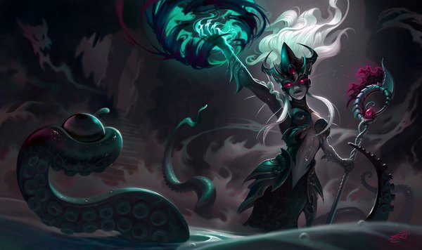 Anime picture 1142x679 with league of legends nami (league of legends) shockowaffel single long hair looking at viewer red eyes wide image white hair lips magic girl staff tentacles mermaid