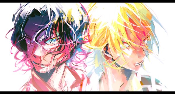 Anime picture 1233x662 with yowamushi pedal teshima junta aoyagi hajime shimamu looking at viewer short hair blue eyes black hair blonde hair simple background red eyes wide image white background multiple boys tears portrait letterboxed wavy hair open collar boy