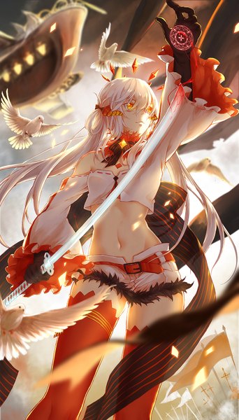 Anime picture 1000x1750 with original pixiv fantasia pixiv fantasia t ironka single long hair tall image fringe yellow eyes white hair horn (horns) lips wide sleeves from below midriff magic looking up glow bloody clothes girl