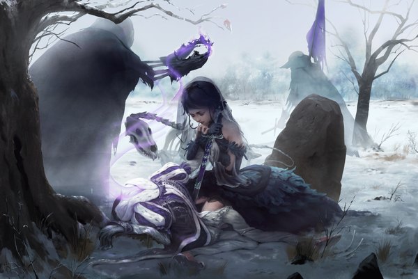 Anime picture 3702x2480 with original mad jojo long hair highres black hair sitting bare shoulders absurdres eyes closed kneeling magic winter snow bare tree skeleton skull and crossbones girl dress gloves weapon