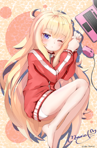 Anime picture 2827x4310 with gabriel dropout doga kobo tenma gabriel white sanan single tall image blush highres blue eyes light erotic blonde hair signed full body bent knee (knees) lying very long hair one eye closed barefoot from above bare legs