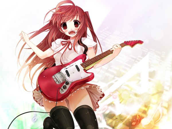 Anime picture 1600x1200 with tagme (copyright) scarlet (studioscr) open mouth light erotic simple background red eyes white background red hair two side up ass visible through thighs girl thighhighs ribbon (ribbons) black thighhighs musical instrument guitar