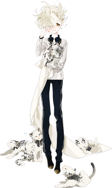 Anime picture 488x818 with touken ranbu nitroplus gokotai gokotai's tigers molatoliamu single tall image looking at viewer fringe short hair blonde hair yellow eyes full body hair over one eye official art transparent background hand on face messy hair sleepy boy