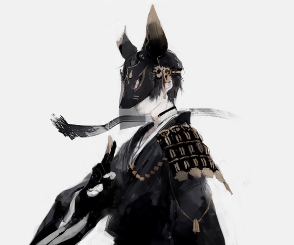 Anime picture 1000x835 with original daken single short hair black hair traditional clothes japanese clothes grey background wide sleeves pale skin boy gloves black gloves mask