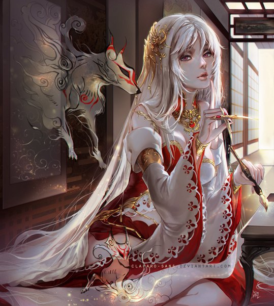 Anime picture 1078x1200 with okami ookami (game) amaterasu (okami) claparo-sans single tall image looking at viewer open mouth sitting holding signed white hair very long hair pink eyes lips wide sleeves lipstick watermark hieroglyph finger to mouth