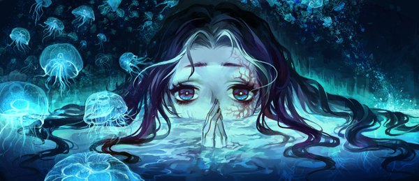 Anime picture 1698x733 with original silverwing single long hair wide image blue hair nail polish multicolored hair two-tone hair underwater girl water jellyfish