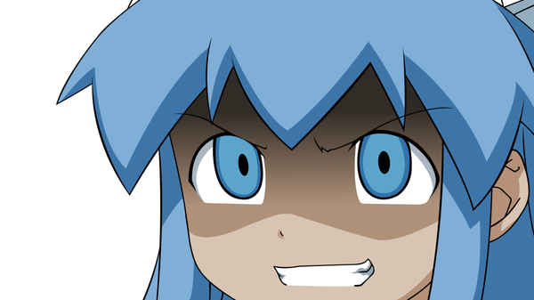 Anime picture 1191x670 with shinryaku! ika musume ika musume single blue eyes smile wide image blue hair close-up transparent background face girl