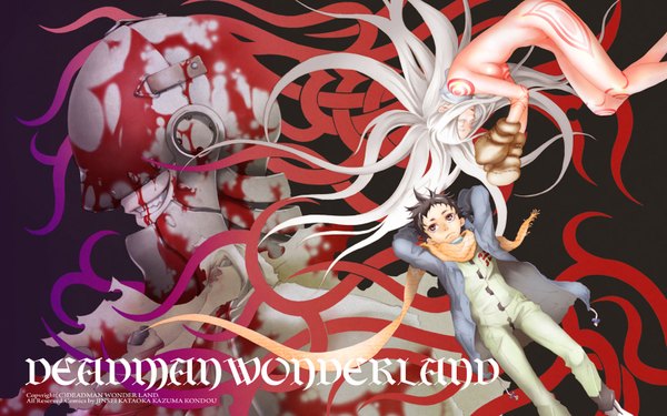 Anime picture 1680x1050 with deadman wonderland shiro (deadman wonderland) igarashi ganta red man long hair short hair black hair smile wide image purple eyes white hair lying eyes closed sleeping dual persona jpeg artifacts girl boy gloves jacket