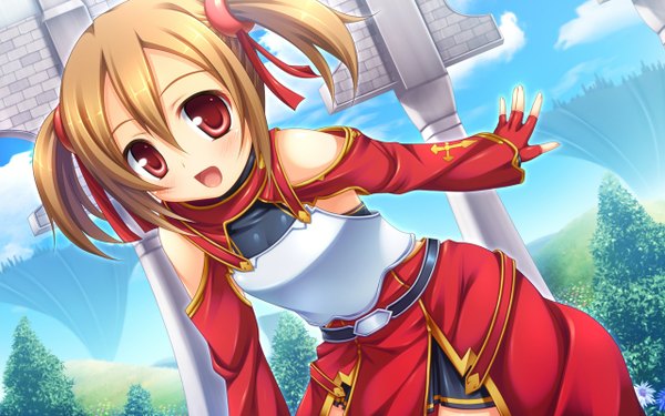 Anime picture 1280x800 with sword art online a-1 pictures silica miu (c blue) single long hair looking at viewer blush open mouth red eyes brown hair wide image twintails girl detached sleeves fingerless gloves
