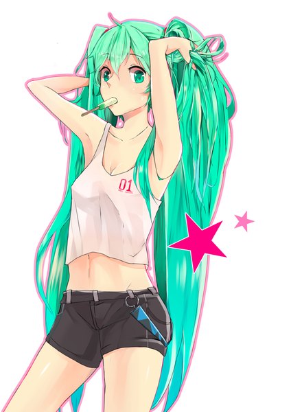 Anime picture 2894x4093 with vocaloid hatsune miku tsukun112 long hair tall image looking at viewer highres light erotic twintails green eyes absurdres green hair armpit (armpits) mouth hold arms behind head girl navel food shorts sweets