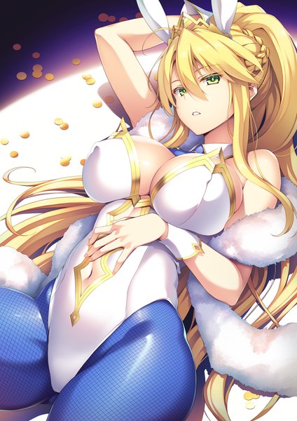 Anime picture 1405x1988 with fate (series) fate/grand order artoria pendragon (all) artoria pendragon (swimsuit ruler) (fate) yuzu modoki single long hair tall image looking at viewer blush fringe breasts light erotic blonde hair hair between eyes large breasts green eyes animal ears payot cleavage