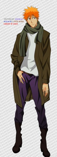 Anime picture 1500x4082 with bleach studio pierrot kurosaki ichigo jczala single tall image short hair smile brown eyes orange hair inscription coloring boy scarf cloak