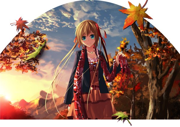 Anime picture 1200x850 with original kouji (astral reverie) single blonde hair twintails green eyes sky cloud (clouds) evening sunset girl plant (plants) tree (trees) scarf leaf (leaves)