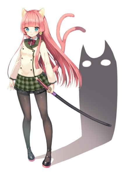 Anime picture 563x800 with original ichijou kokona midorikawa you single tall image looking at viewer fringe breasts blue eyes smile standing holding animal ears pink hair tail animal tail pleated skirt light smile cat ears shadow