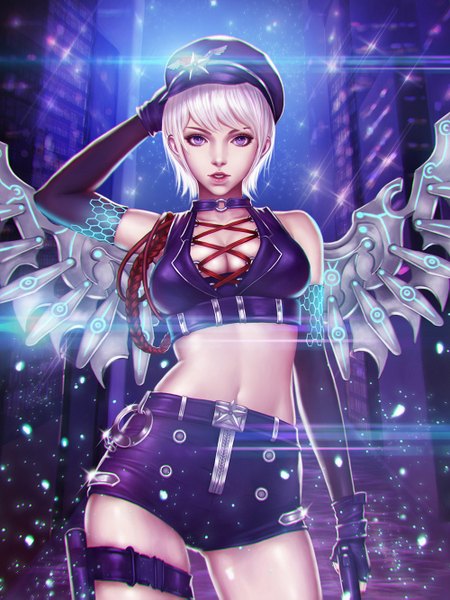 Anime picture 1000x1333 with original naranavy single tall image looking at viewer fringe short hair light erotic purple eyes bare shoulders holding white hair parted lips lips bare belly zettai ryouiki arm behind head shiny mechanical wings girl