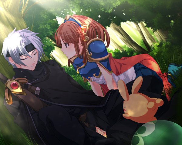 Anime picture 1000x800 with puyopuyo arle nadja carbuncle (puyopuyo) schezo wegey mikapoe short hair brown hair brown eyes white hair eyes closed couple girl dress boy weapon plant (plants) sword tree (trees) grass