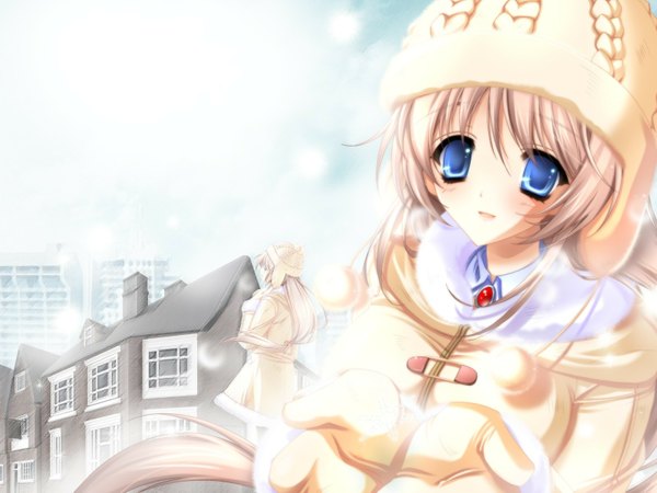 Anime picture 1600x1200 with kamishiro midorimaru blush blue eyes brown hair snowing winter