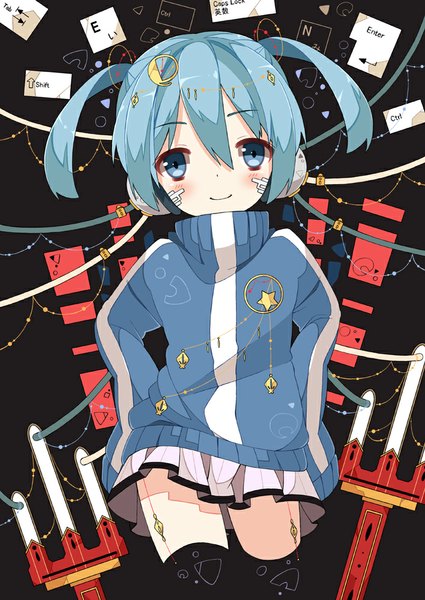 Anime picture 708x1000 with kagerou project shaft (studio) ene (kagerou project) chitetan single tall image looking at viewer blush short hair blue eyes smile twintails blue hair black background short twintails hands on hips girl thighhighs black thighhighs