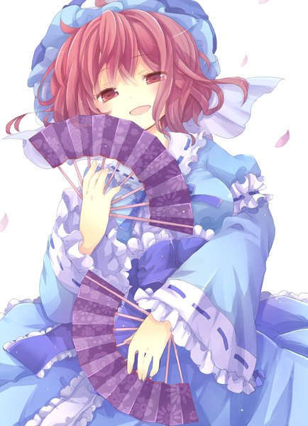 Anime picture 1000x1382 with touhou saigyouji yuyuko tall image blush short hair open mouth simple background red eyes white background pink hair girl dress petals bonnet fan