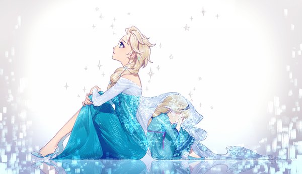 Anime picture 1425x824 with frozen (disney) disney elsa (frozen) anna (frozen) tayuya1130 long hair blue eyes blonde hair wide image sitting multiple girls looking away braid (braids) sparkle high heels single braid reflection looking up crying girl