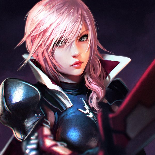 Anime picture 900x900 with final fantasy final fantasy xiii square enix lightning farron ilya kuvshinov single long hair looking at viewer fringe pink hair lips realistic grey eyes lipstick gradient background wavy hair pink lipstick revision purple background girl