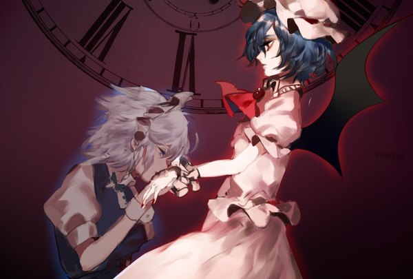 Anime picture 900x608 with touhou remilia scarlet izayoi sakuya tian (my dear) fringe short hair red eyes multiple girls blue hair silver hair braid (braids) nail polish profile maid puffy sleeves twin braids looking down kiss bat wings hand kiss