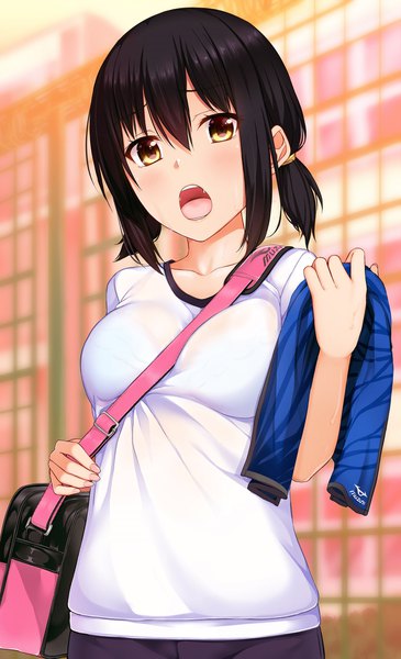 Anime picture 1325x2175 with original takocha single tall image looking at viewer blush fringe short hair breasts open mouth light erotic black hair hair between eyes large breasts twintails holding yellow eyes payot outdoors fingernails