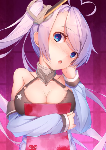 Anime picture 1414x2000 with azur lane portland (azur lane) if (asita) single long hair tall image looking at viewer breasts open mouth light erotic simple background large breasts cleavage silver hair upper body ahoge head tilt fang (fangs) side ponytail symbol-shaped pupils