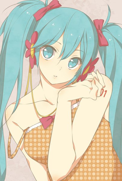 Anime picture 700x1036 with vocaloid hatsune miku yamaki suzume single long hair tall image looking at viewer fringe simple background twintails bare shoulders parted lips aqua eyes aqua hair grey background polka dot girl bow hair bow headphones
