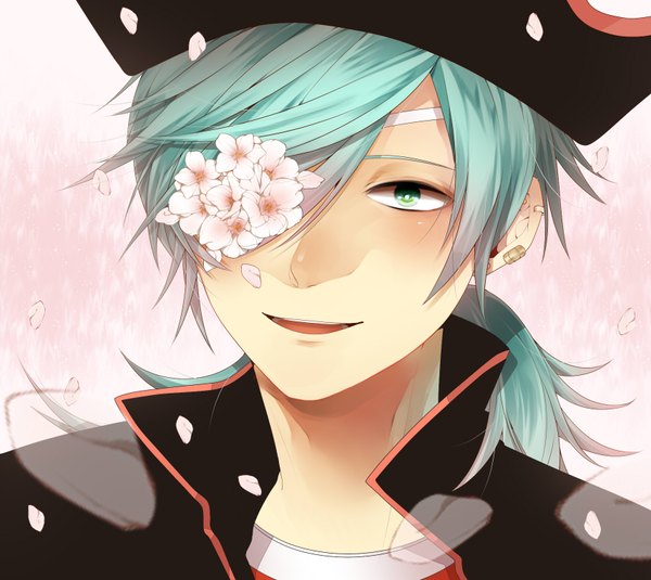 Anime picture 1718x1534 with original hata single long hair looking at viewer blush highres open mouth smile green eyes ponytail aqua hair teeth piercing cherry blossoms striped face boy flower (flowers) petals