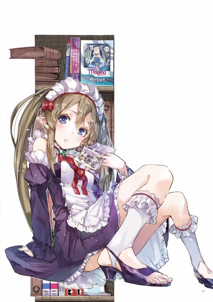 Anime picture 1357x1920 with outbreak company feel (studio) myucel foalan petralka anne eldant iii yuugen single long hair tall image blush fringe blue eyes hair between eyes brown hair white background sitting twintails payot pointy ears arm support maid