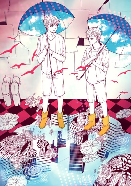 Anime picture 1753x2480 with original mustard (pixiv) tall image highres short hair white hair reflection sky print boy animal water shoes shorts bird (birds) umbrella