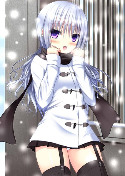 Anime picture 1074x1517 with original nyarumi single long hair tall image looking at viewer blush open mouth light erotic purple eyes silver hair pantyshot snowing winter exhalation cold girl thighhighs skirt underwear