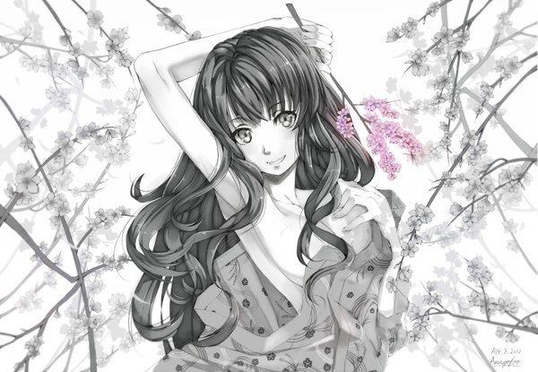 Anime picture 1559x1080 with original amayofoo single long hair looking at viewer fringe smile white background bare shoulders holding no bra cherry blossoms monochrome wavy hair spot color girl flower (flowers) plant (plants) tree (trees) branch