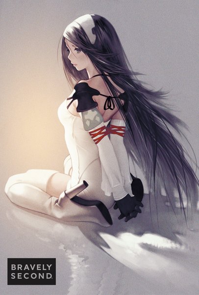 Anime picture 1856x2739 with bravely second agnes oblige yoshida akihiko single long hair tall image fringe highres black hair sitting bare shoulders brown eyes parted lips profile looking back wind from behind scan inscription grey background