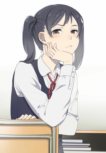 Anime picture 600x862 with original mattaku mousuke single long hair tall image looking at viewer blush black hair twintails brown eyes head rest girl uniform school uniform book (books) school