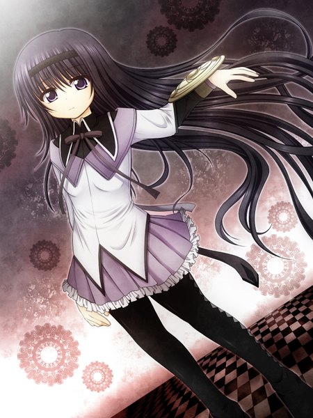 Anime picture 1200x1600 with mahou shoujo madoka magica shaft (studio) akemi homura mazakura senju single long hair tall image looking at viewer black hair purple eyes checkered floor girl dress hairband